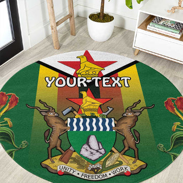 Personalised Zimbabwe Independence Day Round Carpet Coat Of Arms Fire Lilies LT15
