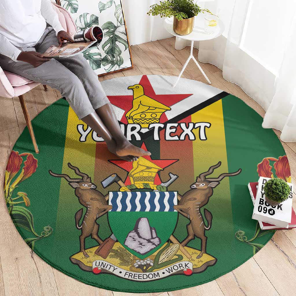 Personalised Zimbabwe Independence Day Round Carpet Coat Of Arms Fire Lilies LT15