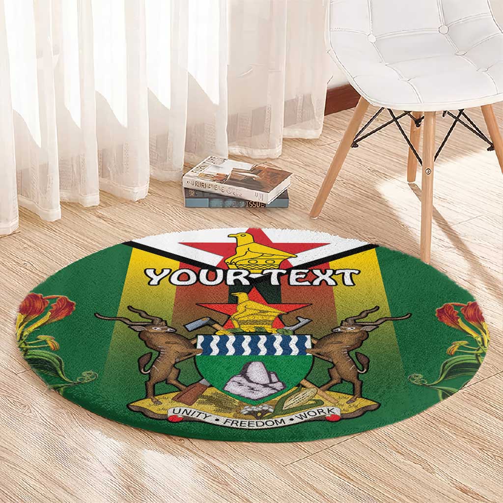Personalised Zimbabwe Independence Day Round Carpet Coat Of Arms Fire Lilies LT15