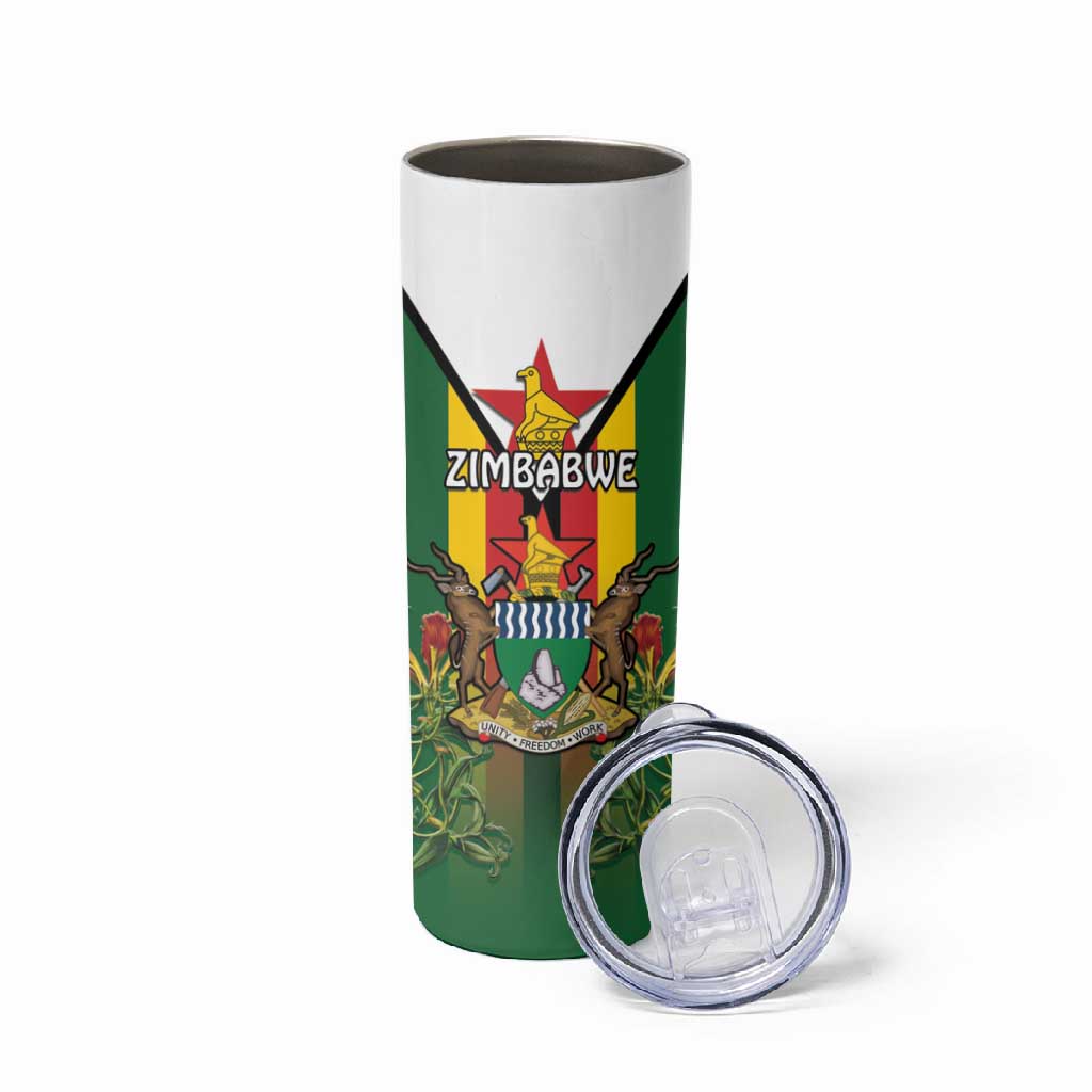Personalised Zimbabwe Independence Day Skinny Tumbler Coat Of Arms Fire Lilies LT15