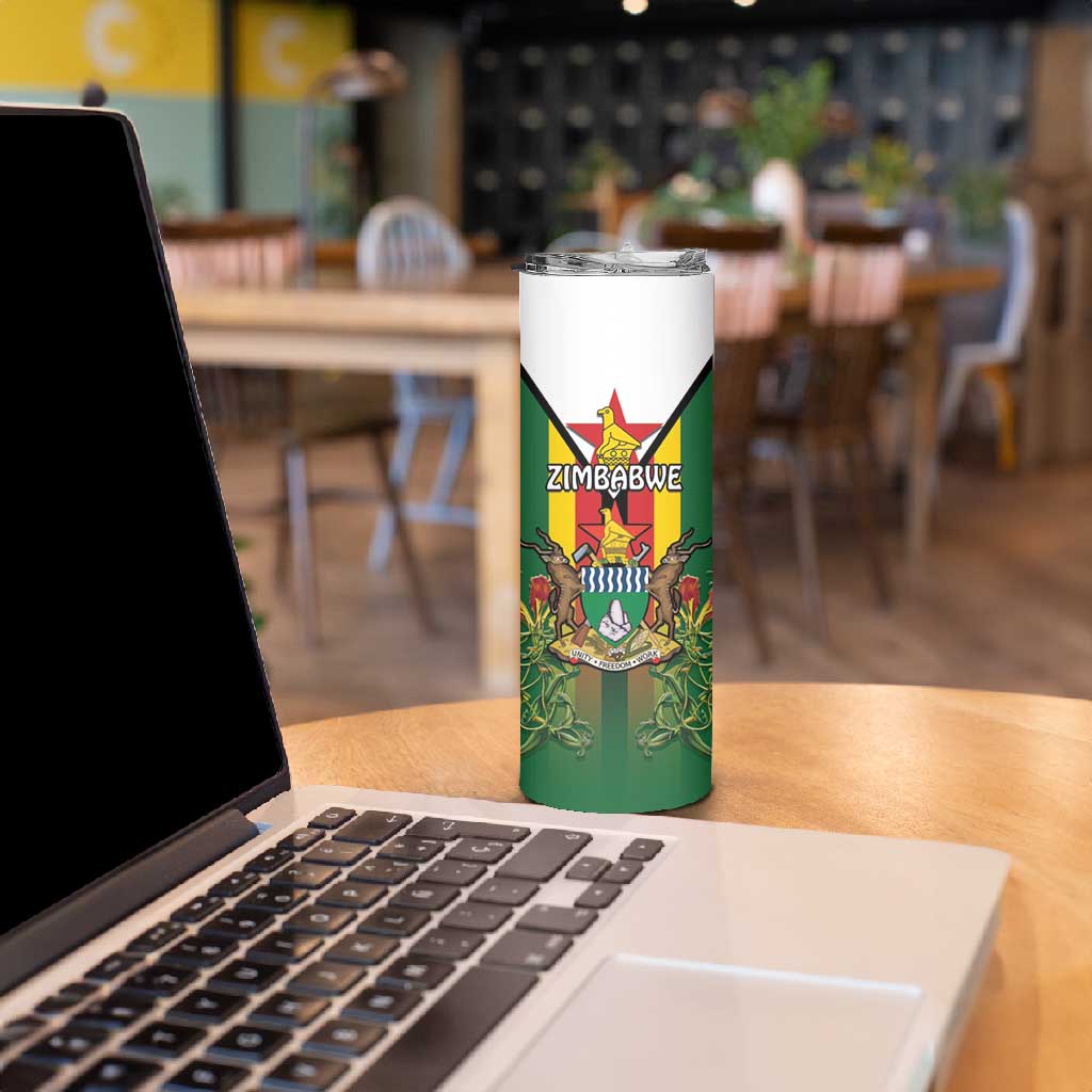 Personalised Zimbabwe Independence Day Skinny Tumbler Coat Of Arms Fire Lilies LT15