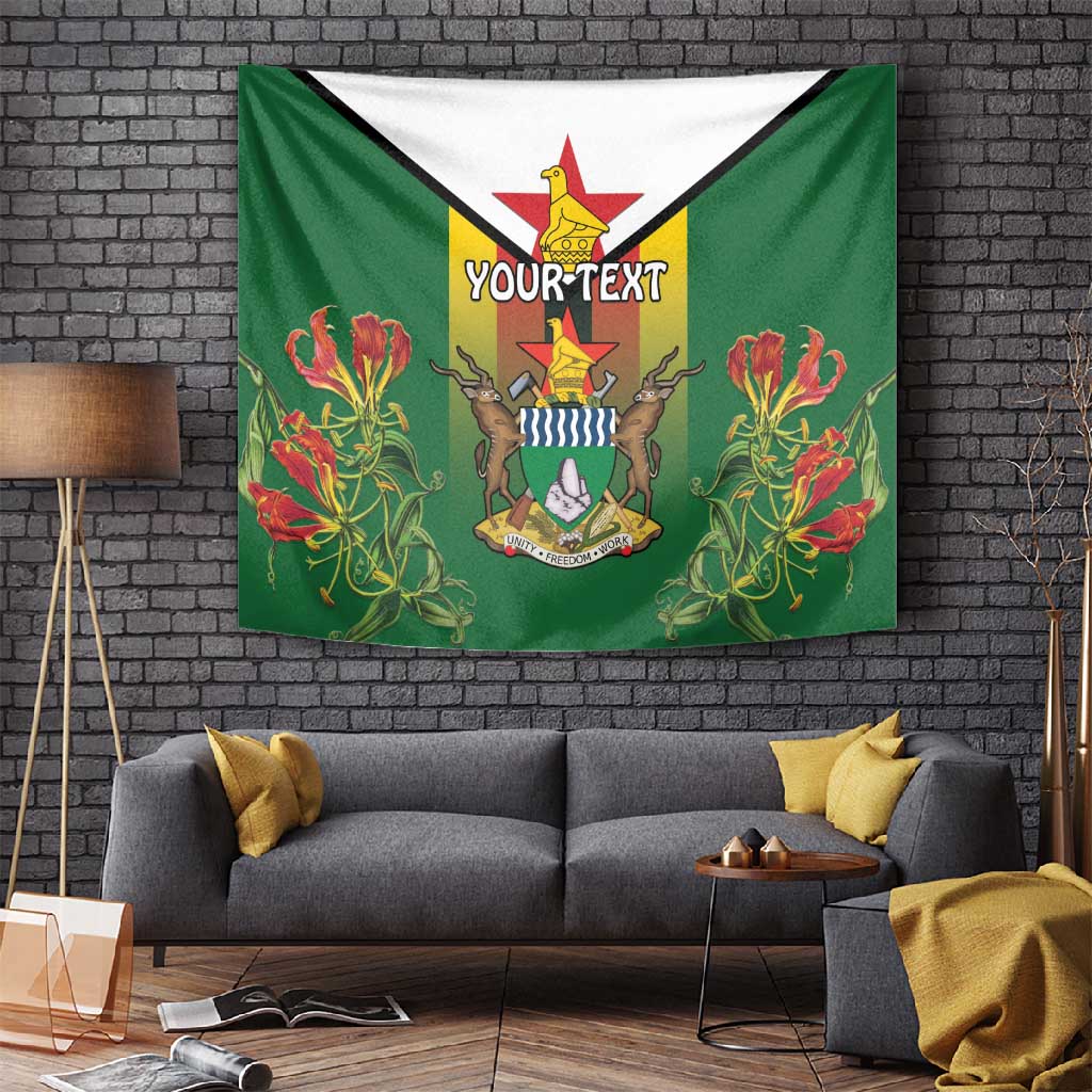 Personalised Zimbabwe Independence Day Tapestry Coat Of Arms Fire Lilies LT15