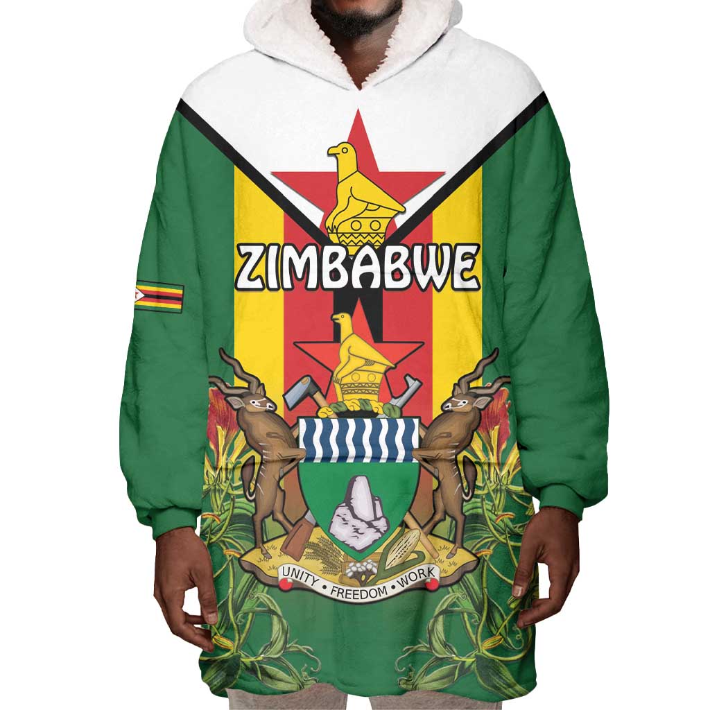 Personalised Zimbabwe Independence Day Wearable Blanket Hoodie Coat Of Arms Fire Lilies LT15