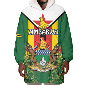 Personalised Zimbabwe Independence Day Wearable Blanket Hoodie Coat Of Arms Fire Lilies LT15