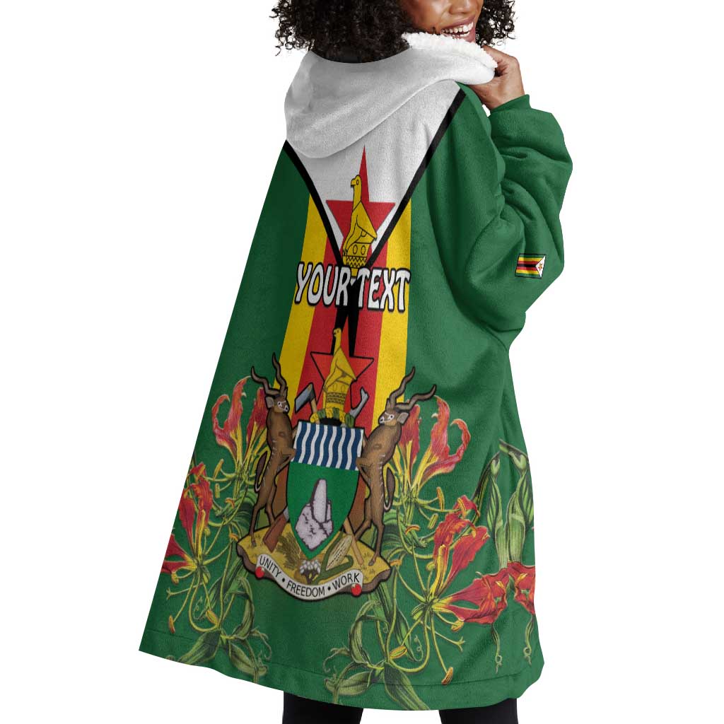 Personalised Zimbabwe Independence Day Wearable Blanket Hoodie Coat Of Arms Fire Lilies LT15