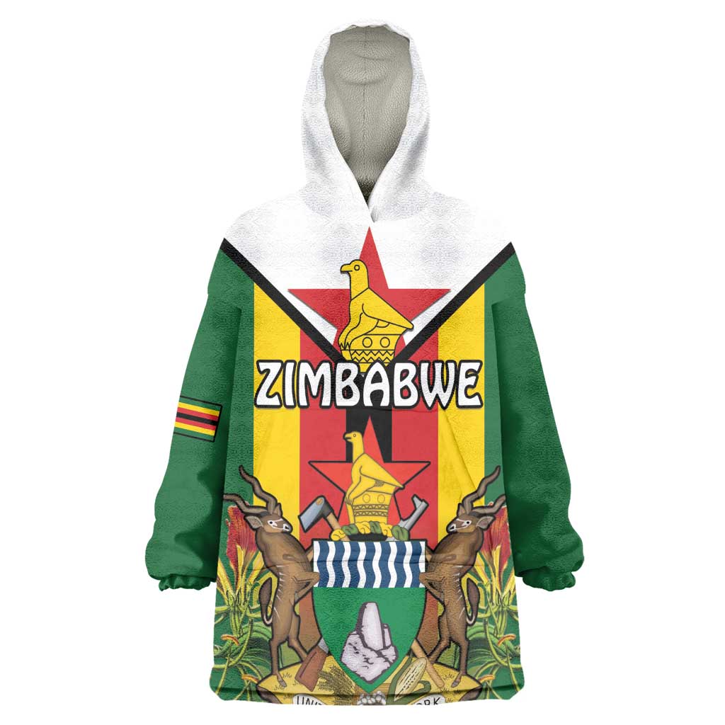 Personalised Zimbabwe Independence Day Wearable Blanket Hoodie Coat Of Arms Fire Lilies LT15