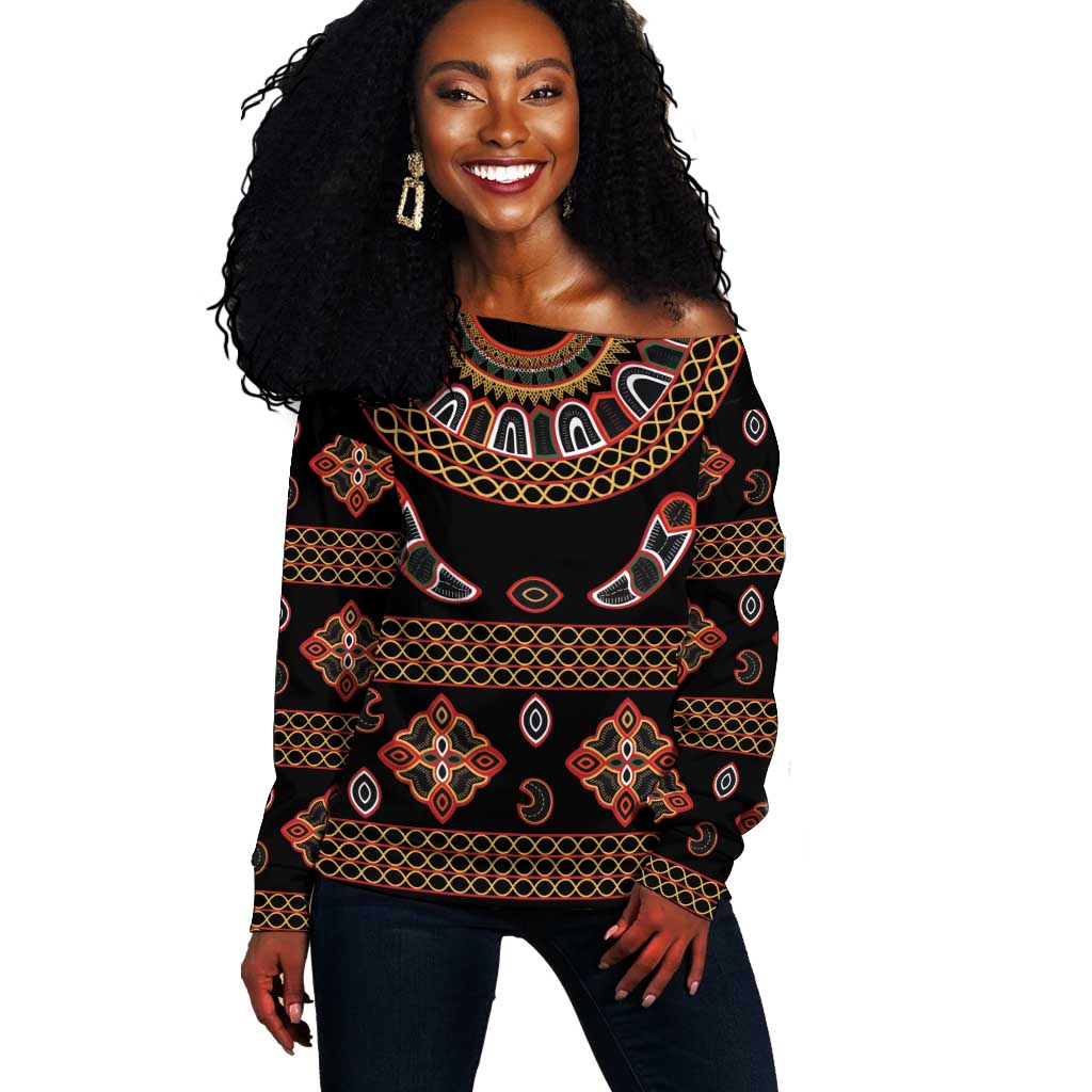 Cameroon Traditional Toghu Pattern Off Shoulder Sweater LT15