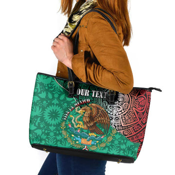 Personalised Viva La Mexico Leather Tote Bag Coat Of Arms Aztec Mix Otomi Patterns LT15