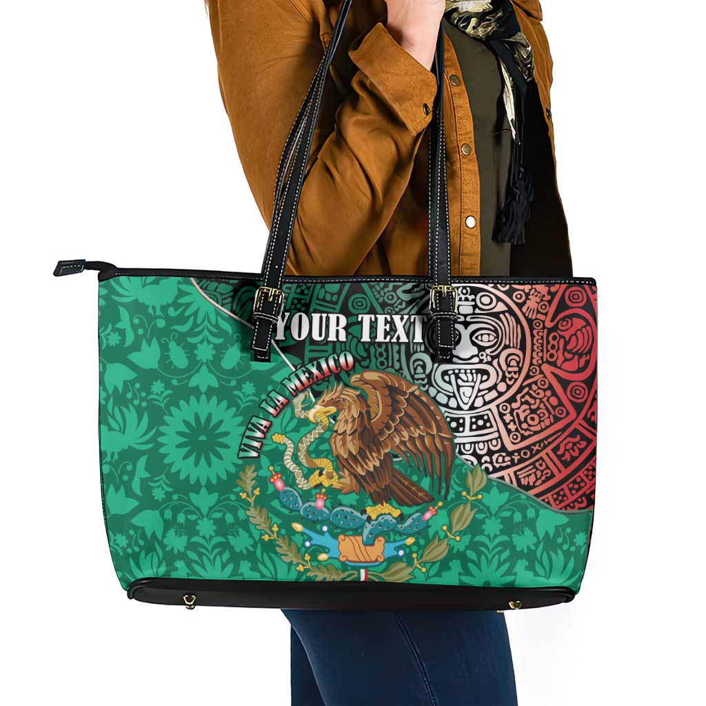 Personalised Viva La Mexico Leather Tote Bag Coat Of Arms Aztec Mix Otomi Patterns LT15