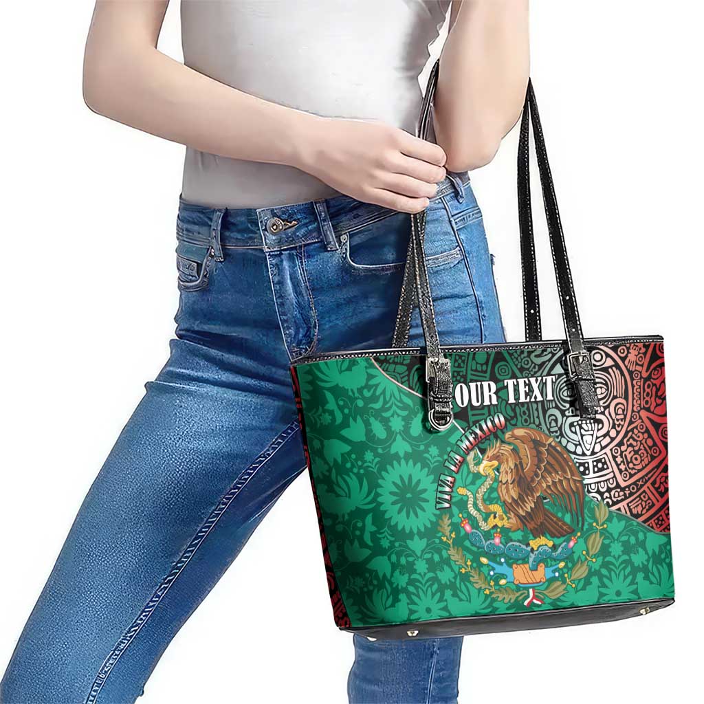 Personalised Viva La Mexico Leather Tote Bag Coat Of Arms Aztec Mix Otomi Patterns LT15