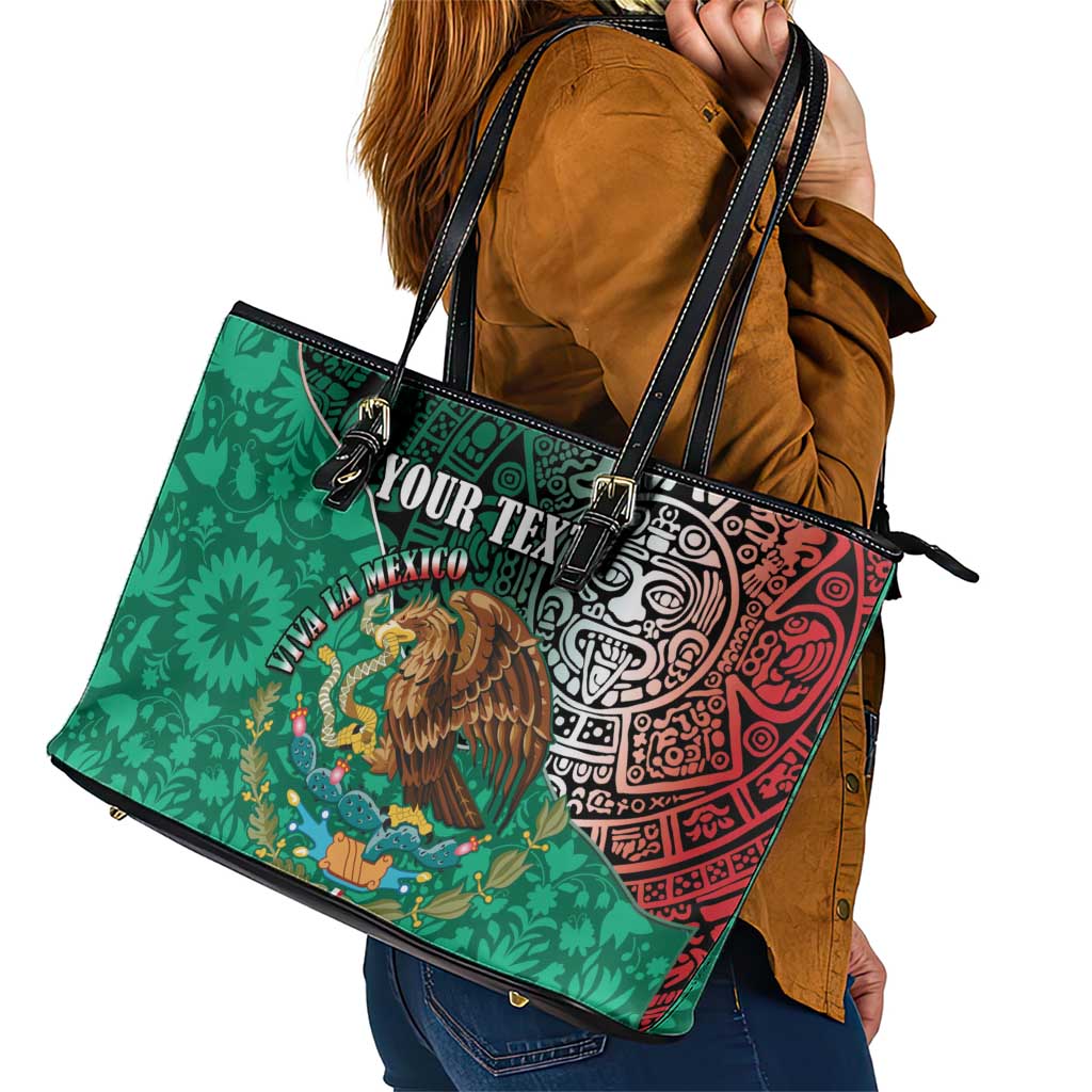 Personalised Viva La Mexico Leather Tote Bag Coat Of Arms Aztec Mix Otomi Patterns LT15