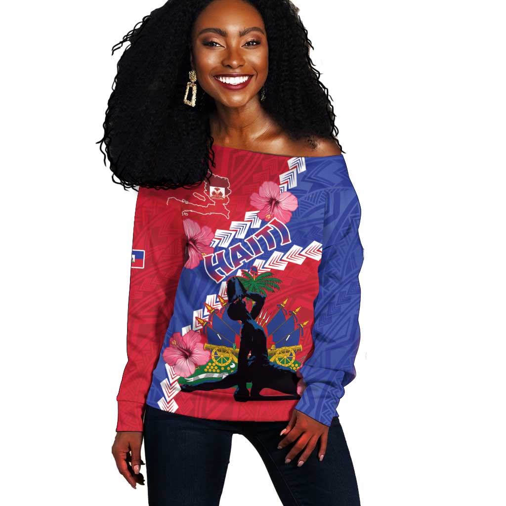 Haiti Neg Maron Off Shoulder Sweater Coat Of Arms - Hisbicus Polynesian LT15