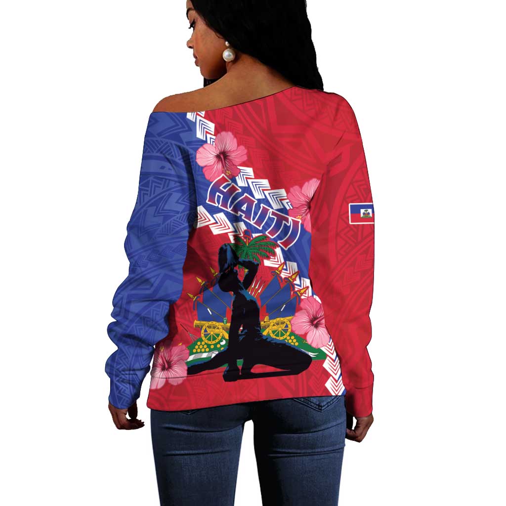 Haiti Neg Maron Off Shoulder Sweater Coat Of Arms - Hisbicus Polynesian LT15