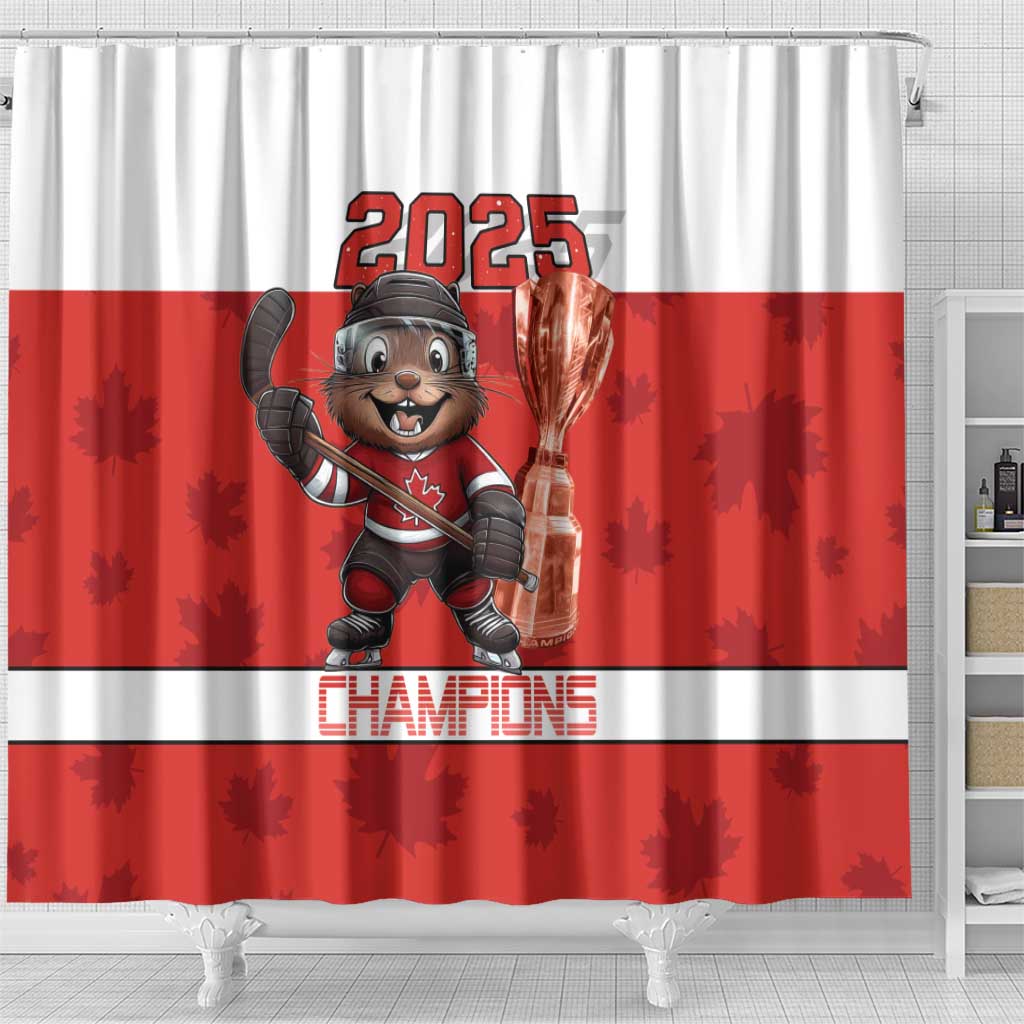 Canada Ice Hockey Shower Curtain Beaver Mascot With Champions Trophy LT15