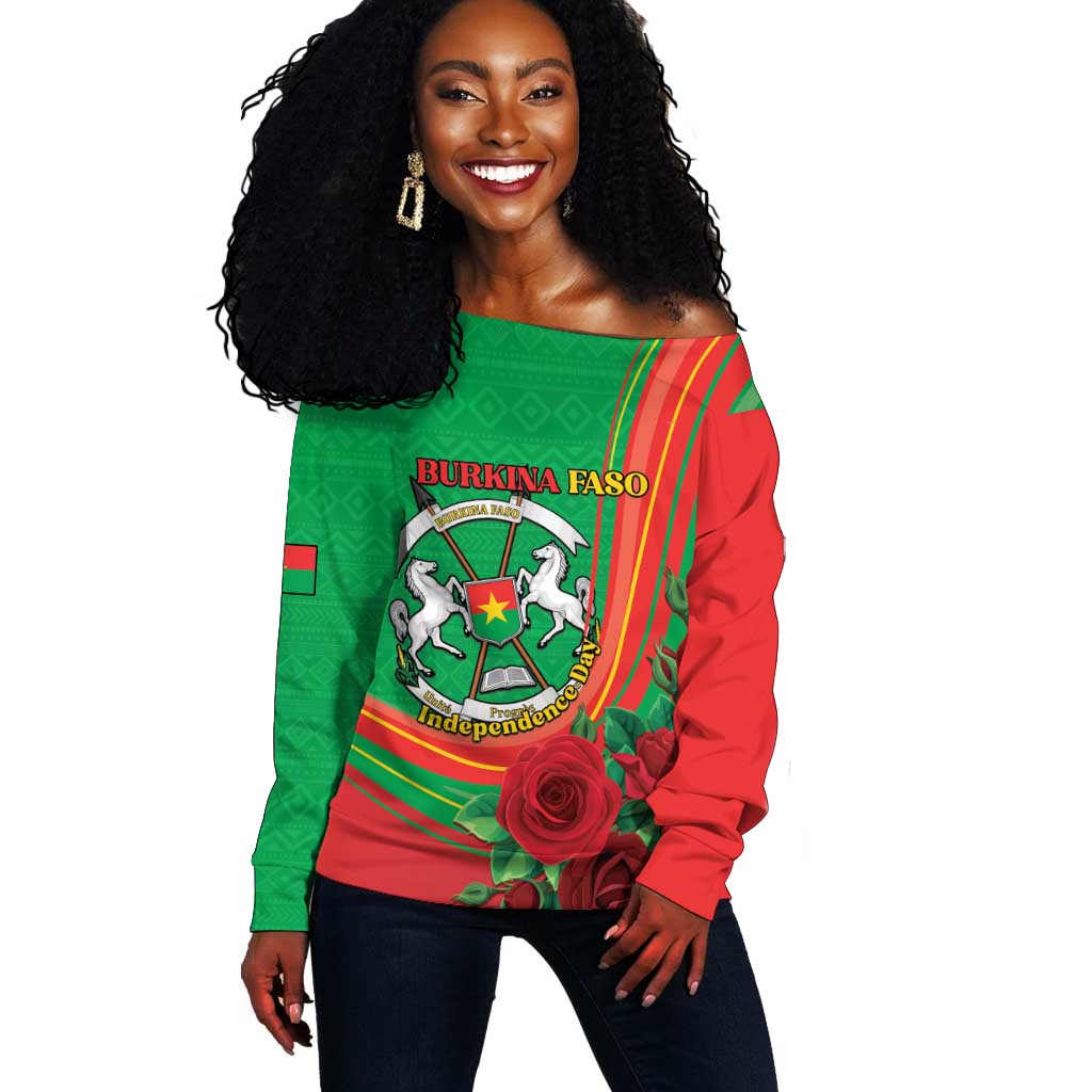 Personalised Burkina Faso Independence Day Off Shoulder Sweater Coat Of Arms African Pattern LT15