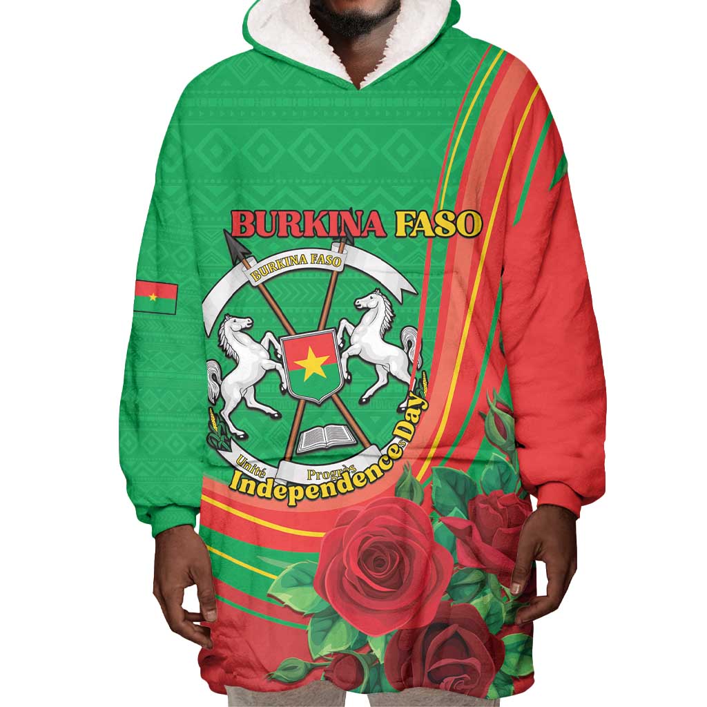 Personalised Burkina Faso Independence Day Wearable Blanket Hoodie Coat Of Arms African Pattern LT15