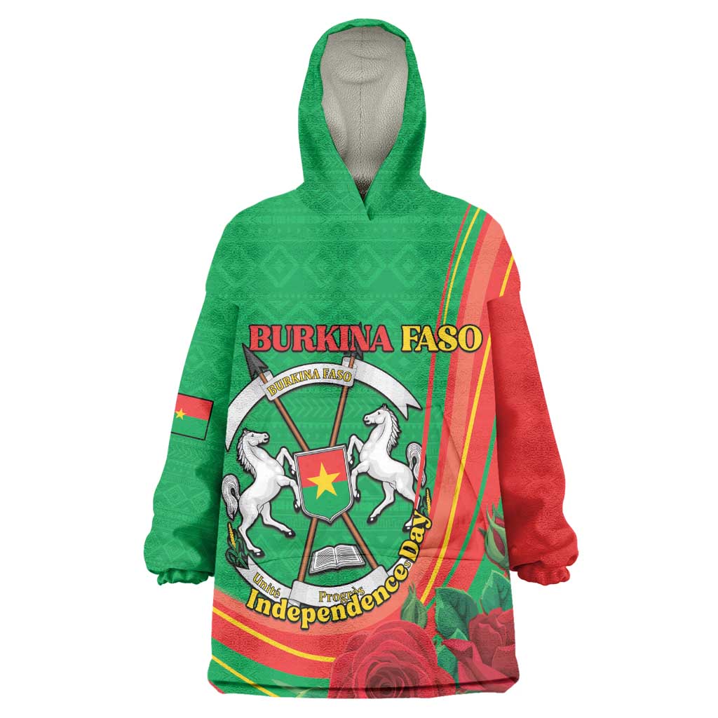 Personalised Burkina Faso Independence Day Wearable Blanket Hoodie Coat Of Arms African Pattern LT15
