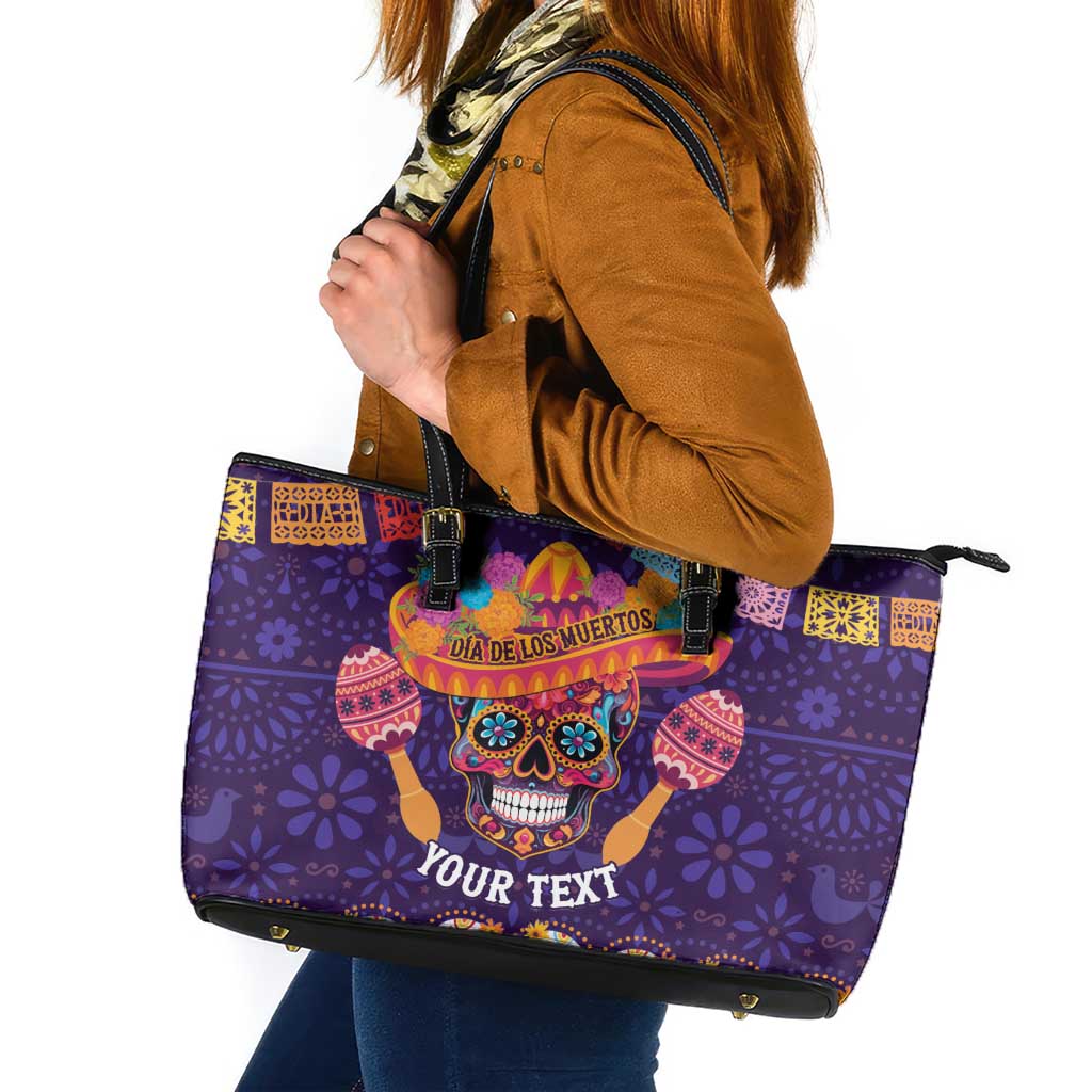 Personalised Mexico Day Of The Dead Leather Tote Bag Sugar Skull With Maracas Mexican Folk Pattern LT15