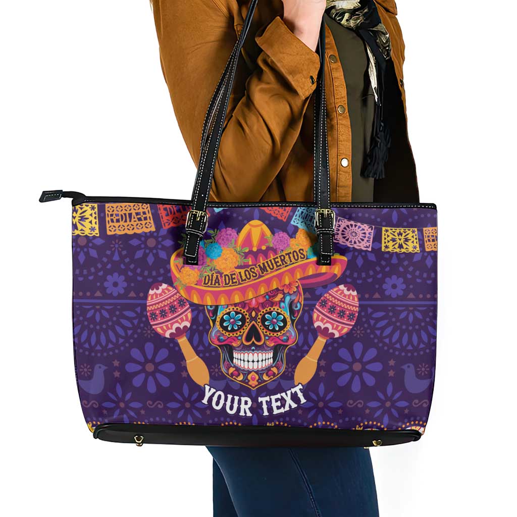 Personalised Mexico Day Of The Dead Leather Tote Bag Sugar Skull With Maracas Mexican Folk Pattern LT15