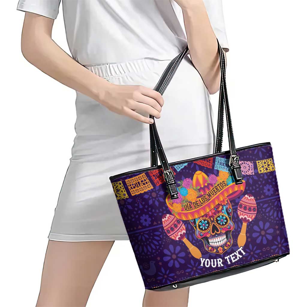 Personalised Mexico Day Of The Dead Leather Tote Bag Sugar Skull With Maracas Mexican Folk Pattern LT15