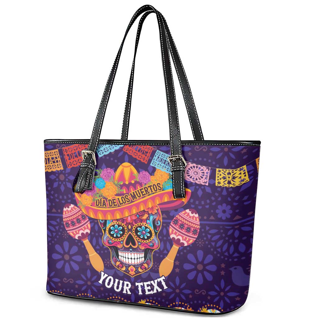 Personalised Mexico Day Of The Dead Leather Tote Bag Sugar Skull With Maracas Mexican Folk Pattern LT15