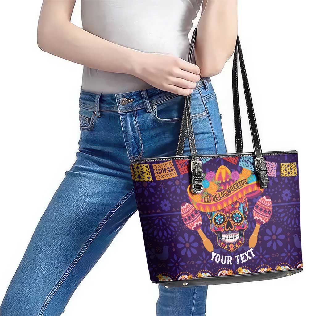 Personalised Mexico Day Of The Dead Leather Tote Bag Sugar Skull With Maracas Mexican Folk Pattern LT15