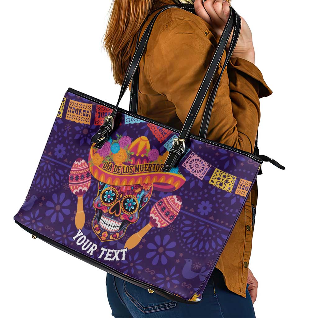 Personalised Mexico Day Of The Dead Leather Tote Bag Sugar Skull With Maracas Mexican Folk Pattern LT15