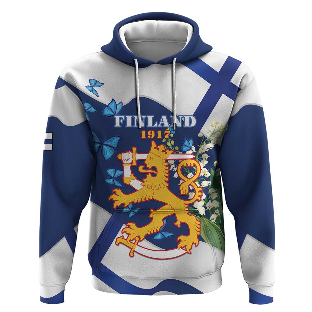 Personalised Finland Independence Day Hoodie Lily Of The Valley Mix Holly Blue - Coat Of Arms Style LT15
