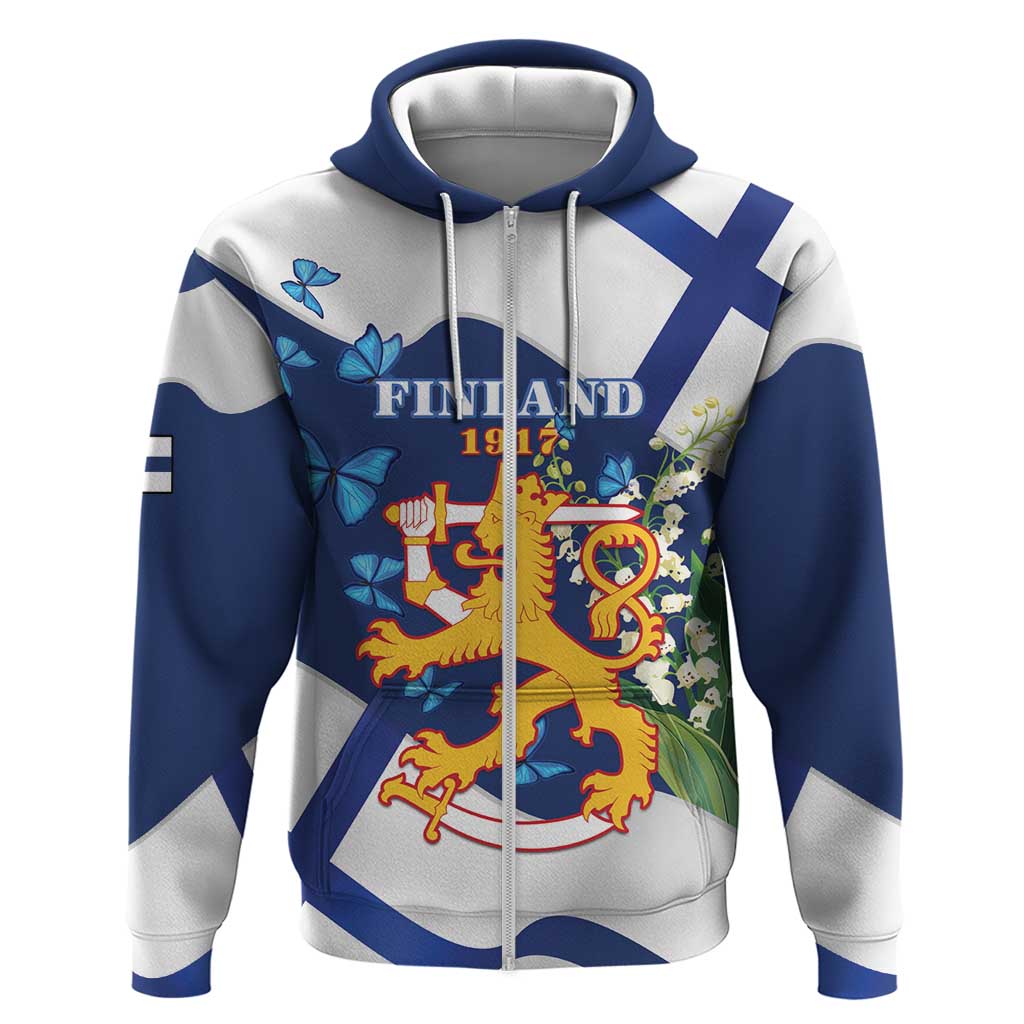 Personalised Finland Independence Day Hoodie Lily Of The Valley Mix Holly Blue - Coat Of Arms Style LT15