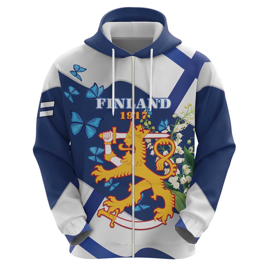 Personalised Finland Independence Day Hoodie Lily Of The Valley Mix Holly Blue - Coat Of Arms Style LT15
