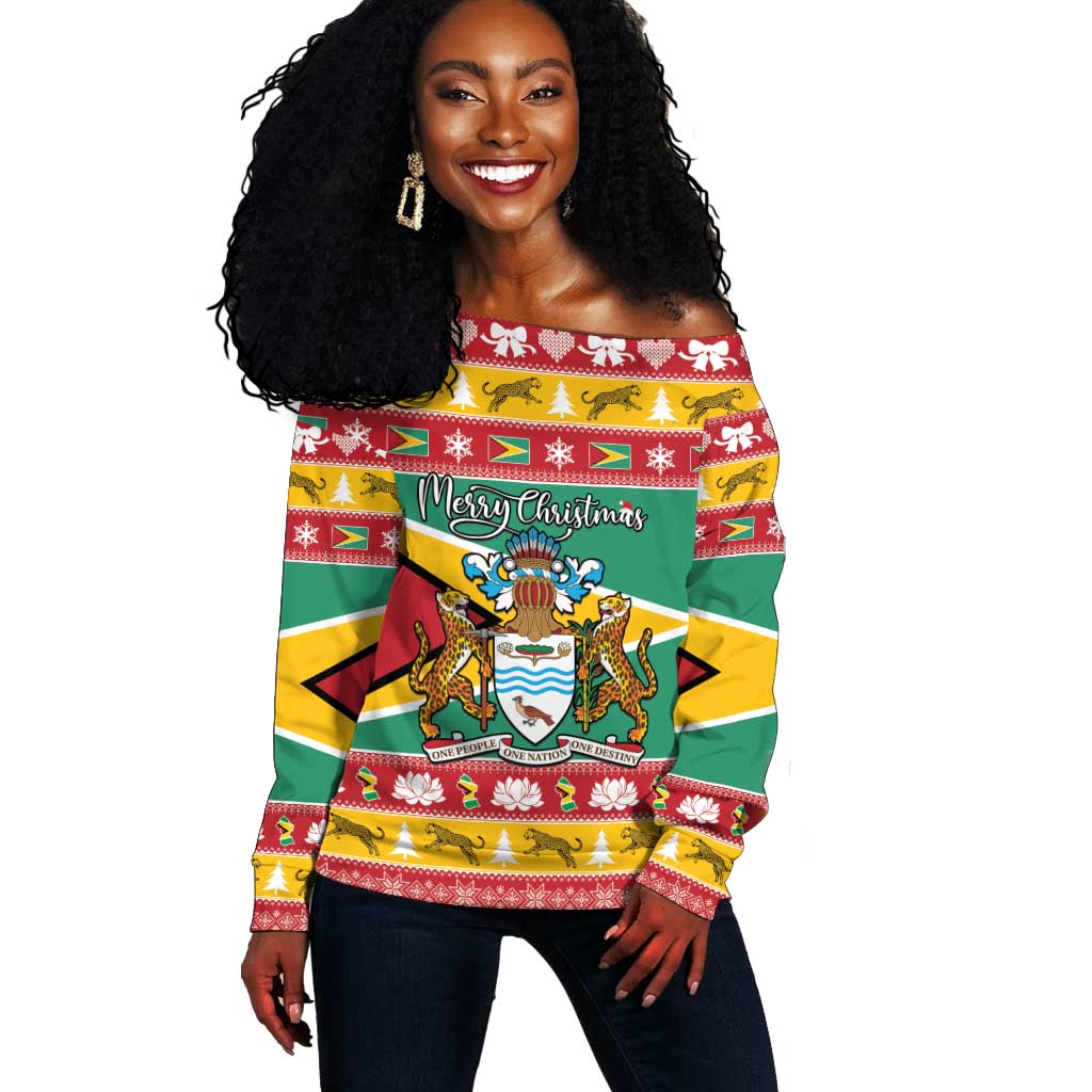 Afro Guyana Christmas Off Shoulder Sweater Mix Coat Of Arms LT15