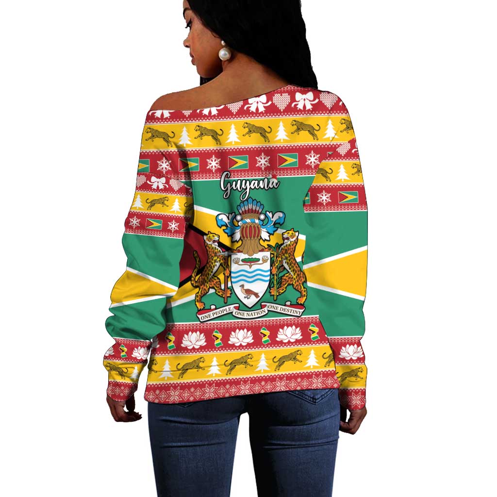 Afro Guyana Christmas Off Shoulder Sweater Mix Coat Of Arms LT15