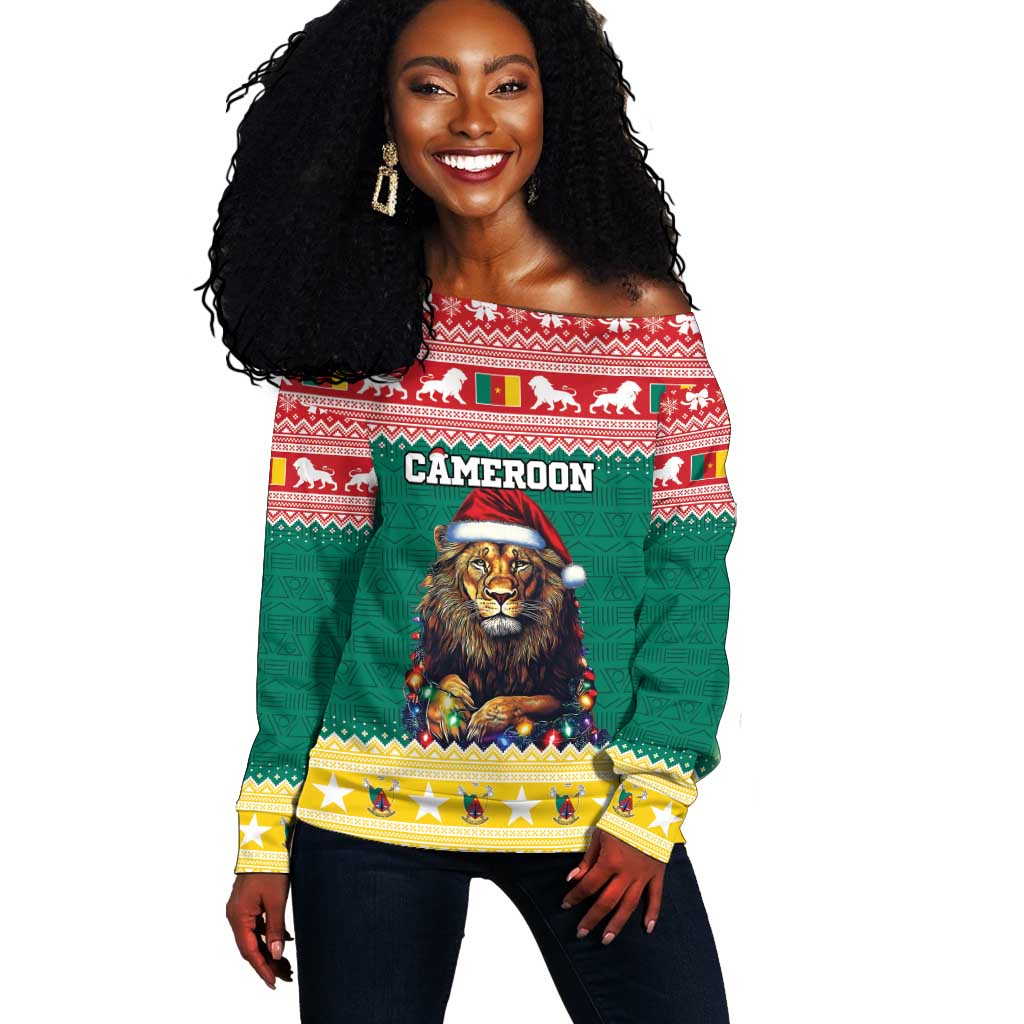 Cameroon Christmas Off Shoulder Sweater Lion African Santa LT15