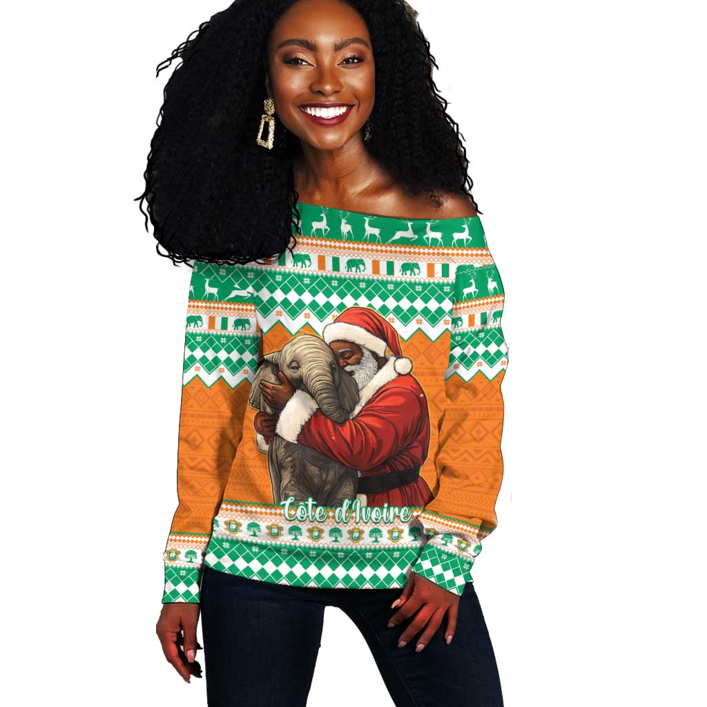 Afro Ivory Coast Christmas Off Shoulder Sweater Black Santa Afishapa - African Pattern LT15
