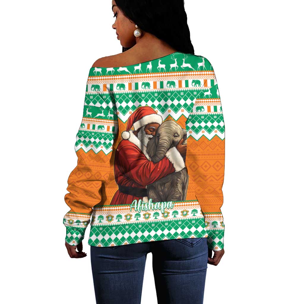 Afro Ivory Coast Christmas Off Shoulder Sweater Black Santa Afishapa - African Pattern LT15