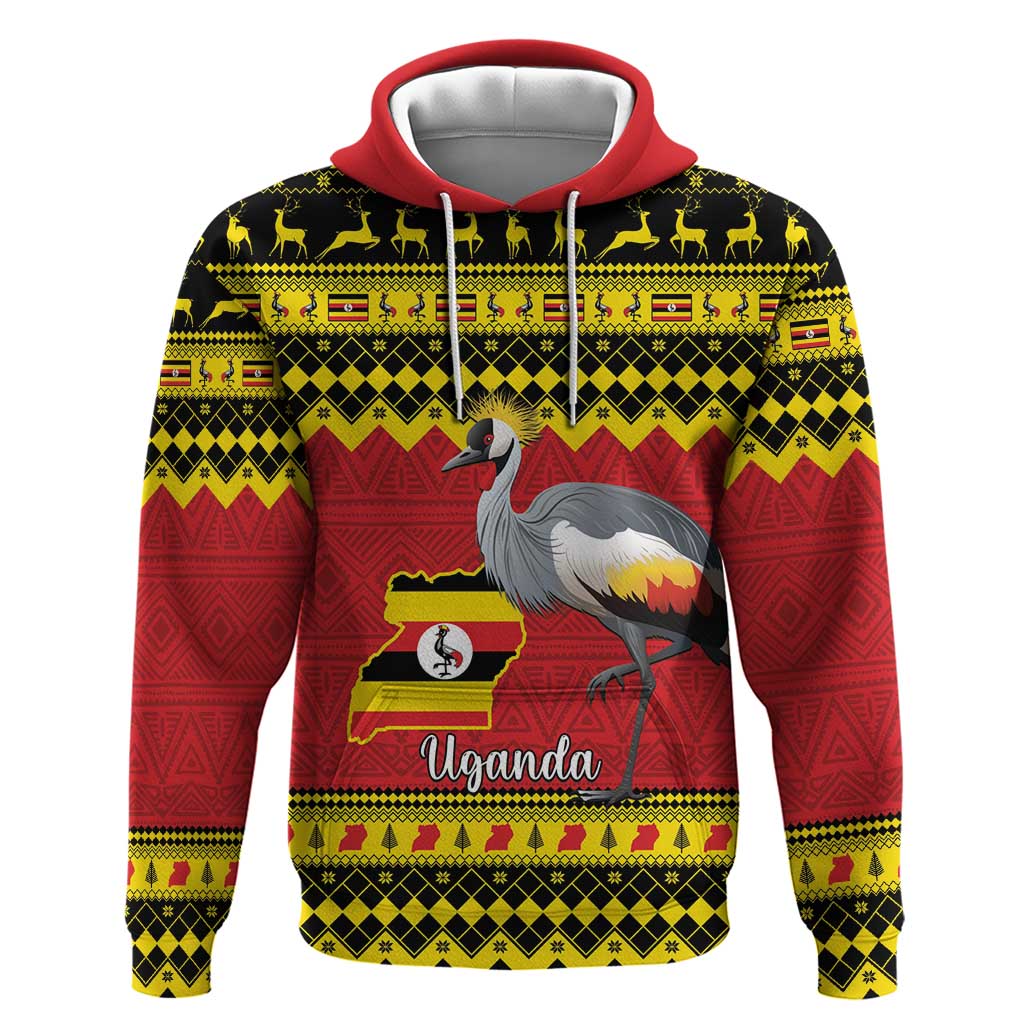 Uganda Christmas Hoodie Grey Crowned Crane With Flag Map LT15