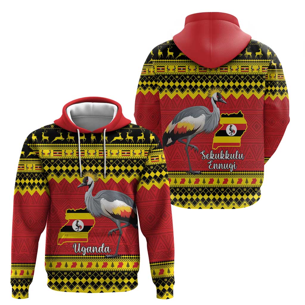 Uganda Christmas Hoodie Grey Crowned Crane With Flag Map LT15