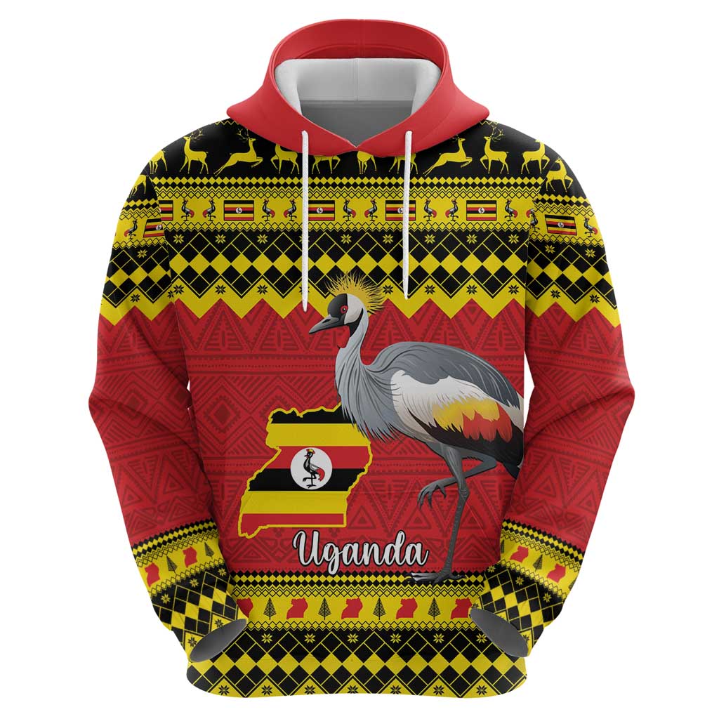 Uganda Christmas Hoodie Grey Crowned Crane With Flag Map LT15