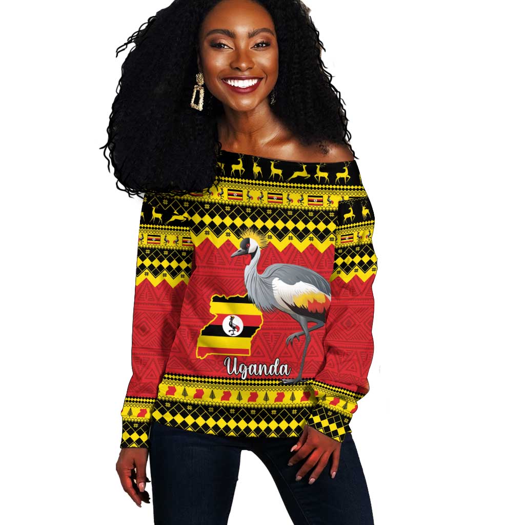 Afro Uganda Christmas Off Shoulder Sweater Grey Crowned Crane Sekukkulu Ennugi LT15