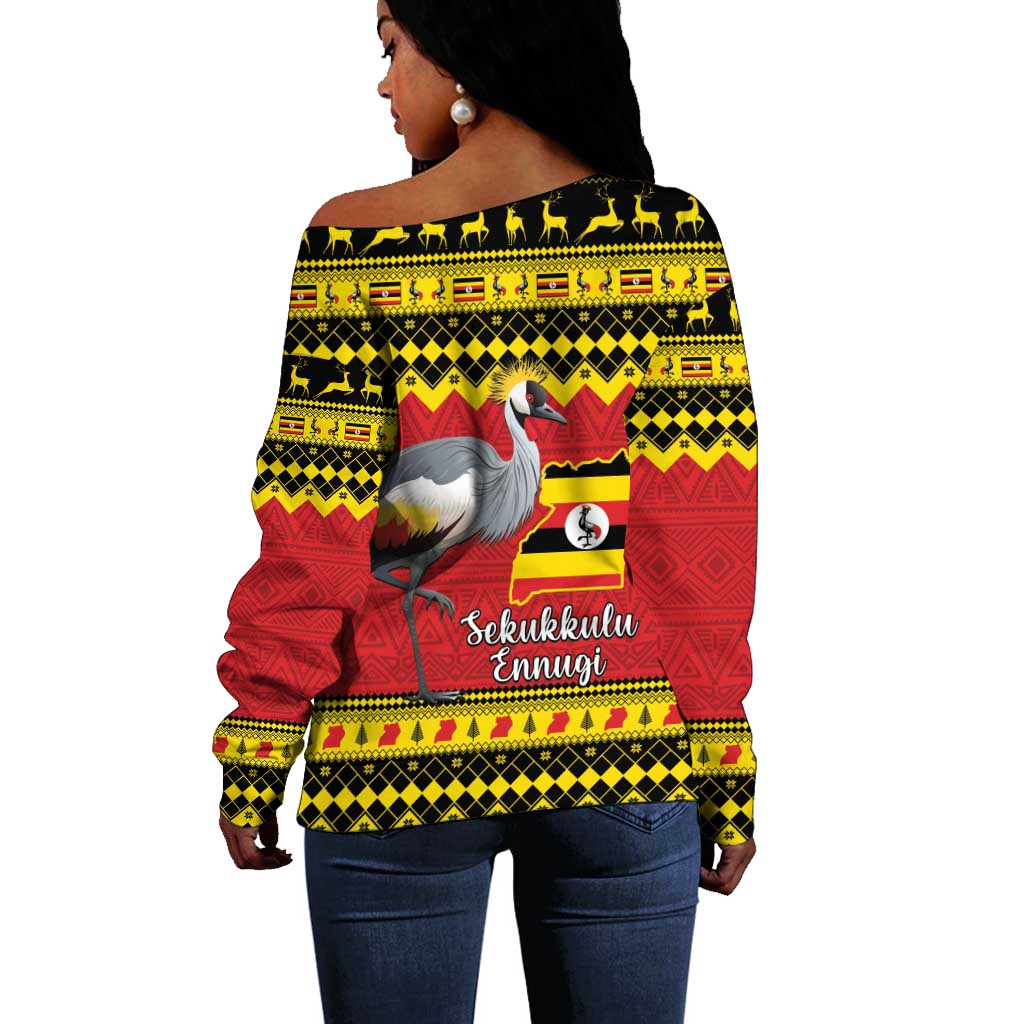 Afro Uganda Christmas Off Shoulder Sweater Grey Crowned Crane Sekukkulu Ennugi LT15