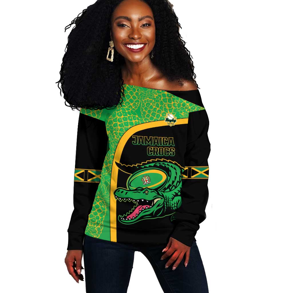 Jamaica Rugby Custom Off Shoulder Sweater Go Champions - Pineapple Pattern LT15