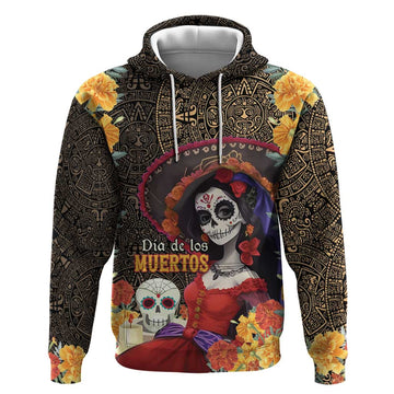 Mexico Day Of The Dead Hoodie La Catrina Mix Cempasuchil Aztec Pattern LT15