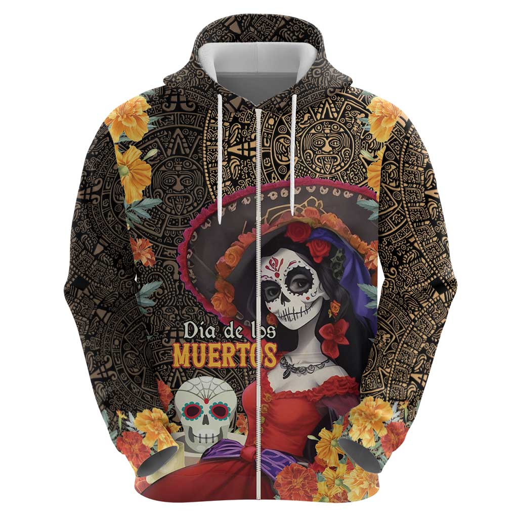 Mexico Day Of The Dead Hoodie La Catrina Mix Cempasuchil Aztec Pattern LT15