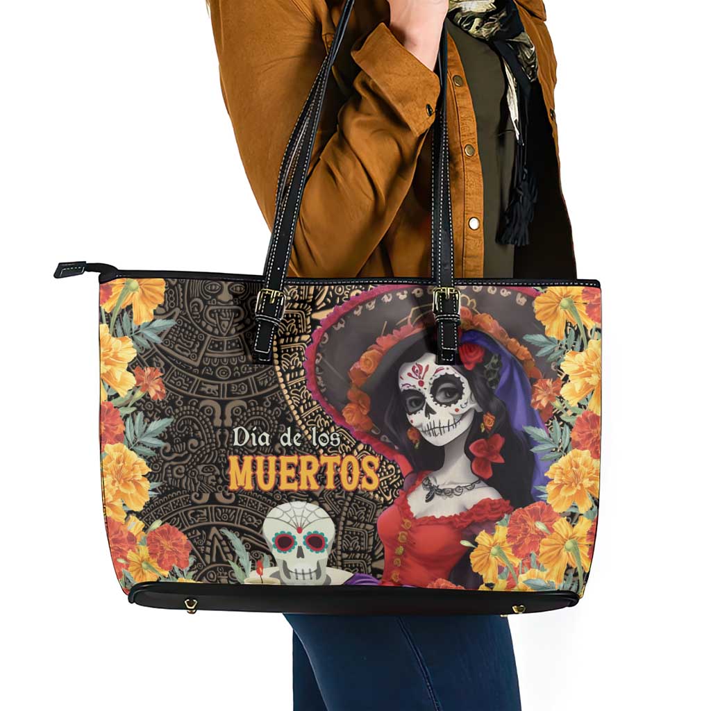 Mexico Day Of The Dead Leather Tote Bag La Catrina Mix Cempasuchil Aztec Pattern LT15