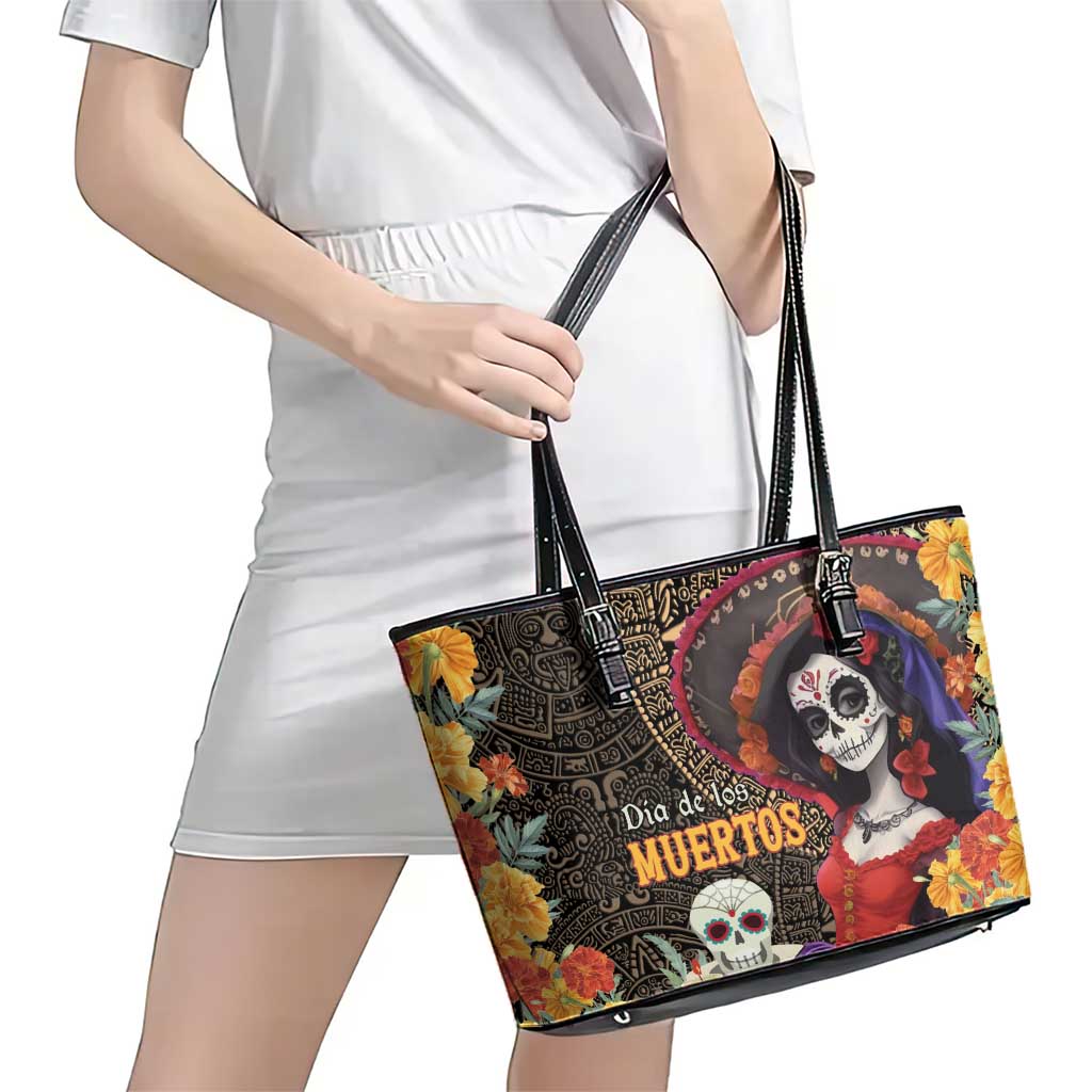 Mexico Day Of The Dead Leather Tote Bag La Catrina Mix Cempasuchil Aztec Pattern LT15