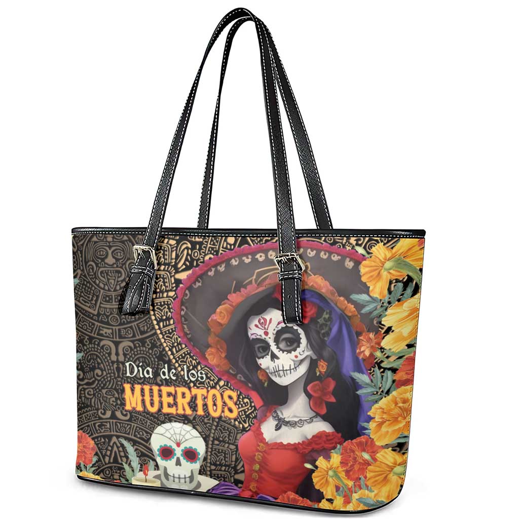 Mexico Day Of The Dead Leather Tote Bag La Catrina Mix Cempasuchil Aztec Pattern LT15