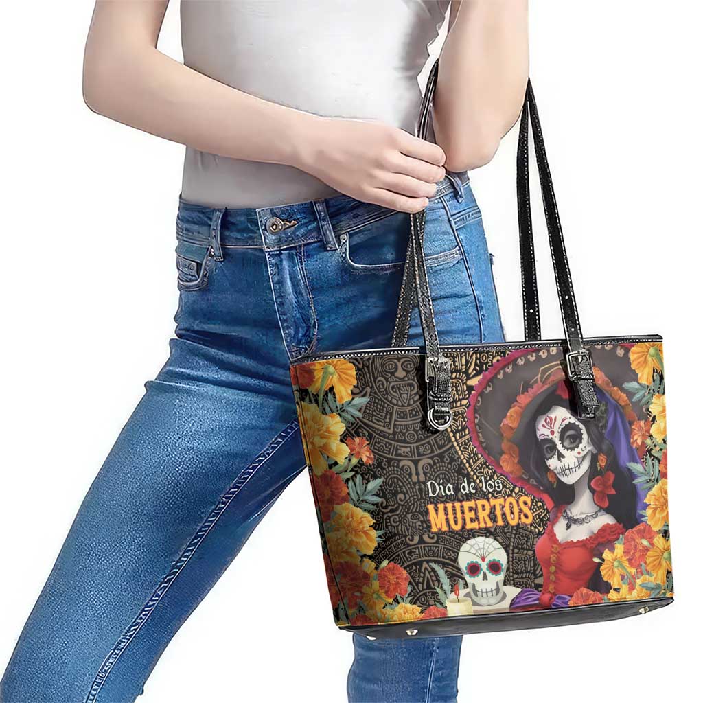 Mexico Day Of The Dead Leather Tote Bag La Catrina Mix Cempasuchil Aztec Pattern LT15