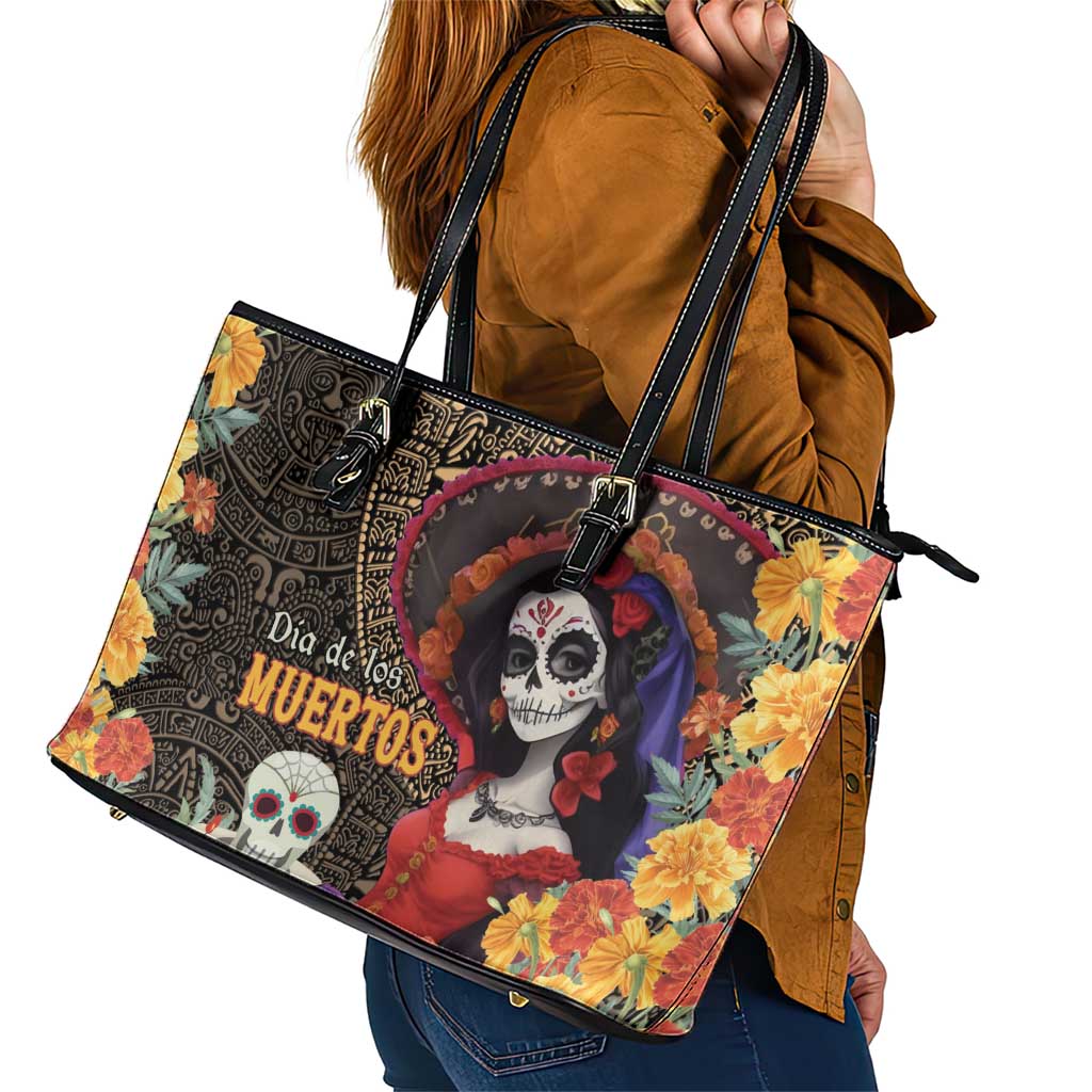 Mexico Day Of The Dead Leather Tote Bag La Catrina Mix Cempasuchil Aztec Pattern LT15