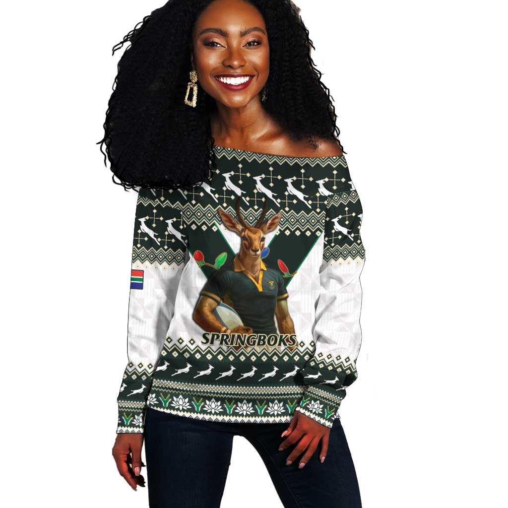 South Africa Christmas Rugby Off Shoulder Sweater Springboks Mascot Mix African Pattern LT15