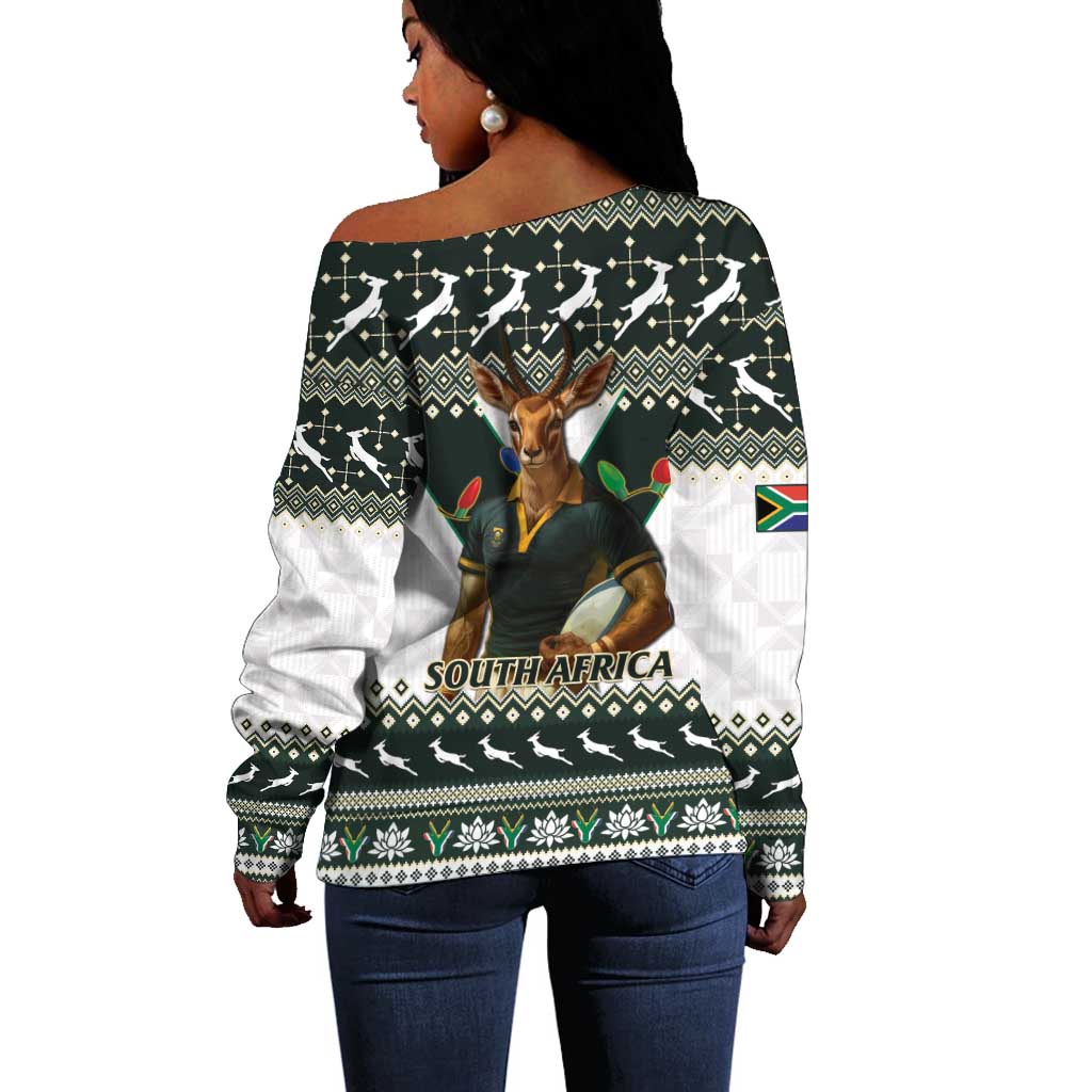 South Africa Christmas Rugby Off Shoulder Sweater Springboks Mascot Mix African Pattern LT15